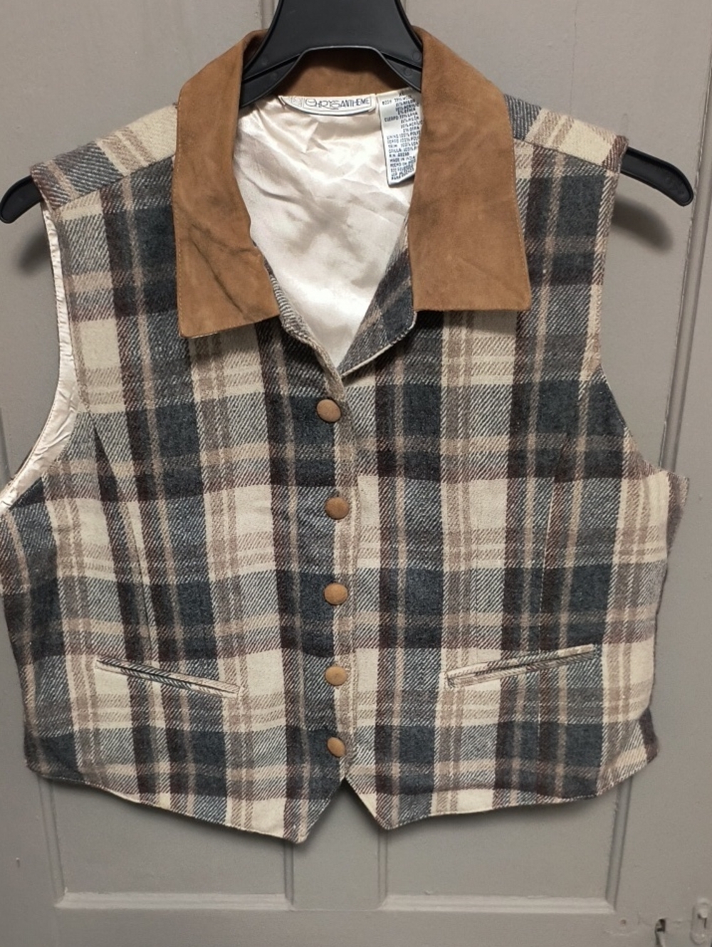 Classic Plaid Wool Vest with Suede Collar - Women